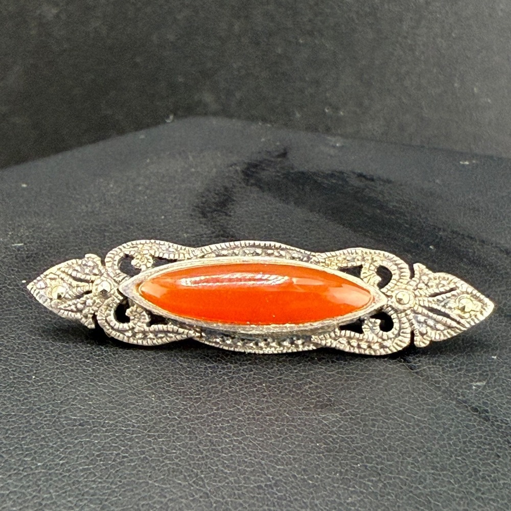 Vintage Estate Brooch Red Sterling Silver Marcasite Art Deco Revival READ